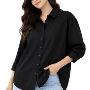 Women Oversized Black Shirt Casual Solid Full Sleeve Button Down Relaxed Fit Top for Everyday Wear
