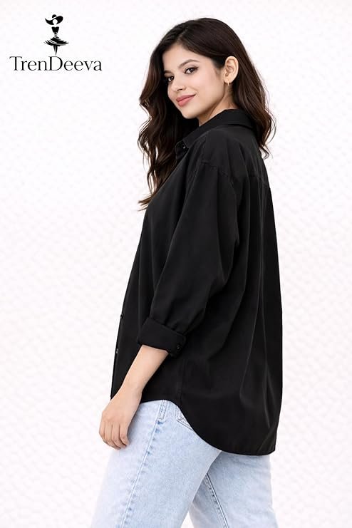 Women Oversized Black Shirt Casual Solid Full Sleeve Button Down Relaxed Fit Top for Everyday Wear - Image 6