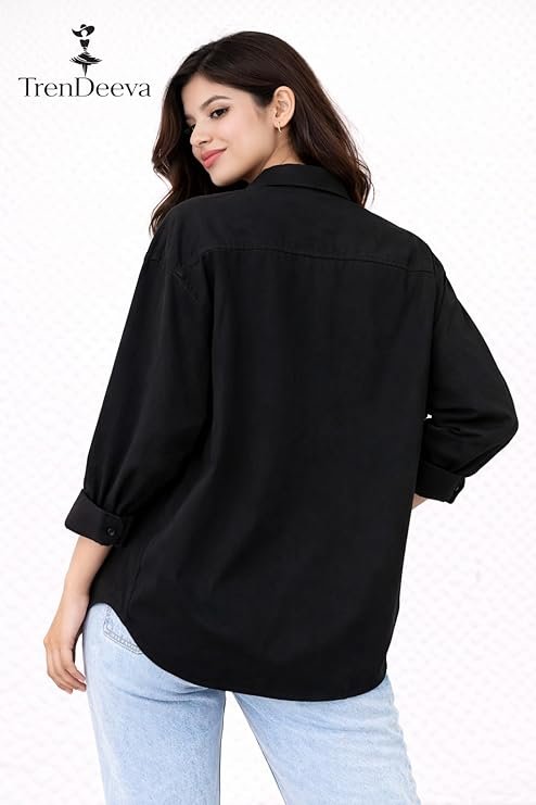 Women Oversized Black Shirt Casual Solid Full Sleeve Button Down Relaxed Fit Top for Everyday Wear - Image 5