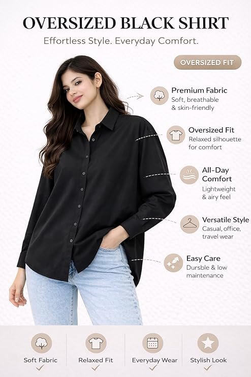 Women Oversized Black Shirt Casual Solid Full Sleeve Button Down Relaxed Fit Top for Everyday Wear - Image 7