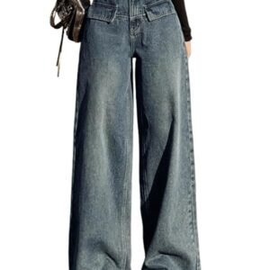 Aahwan Women's Flared Fit High Rise Solid Wide-Leg with Flap Detailing Korean Jeans