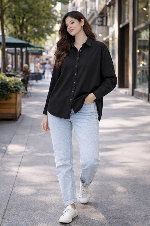 Women Oversized Black Shirt Casual Solid Full Sleeve Button Down Relaxed Fit Top for Everyday Wear - Image 4