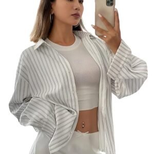 GRECIILOOKS Striped Shirt for Women | Korean Style Full Sleeve Oversized Button Down Shirts | Tops for Women | Shirt for Woman | Plus Size Top for Office & Casual Outfit