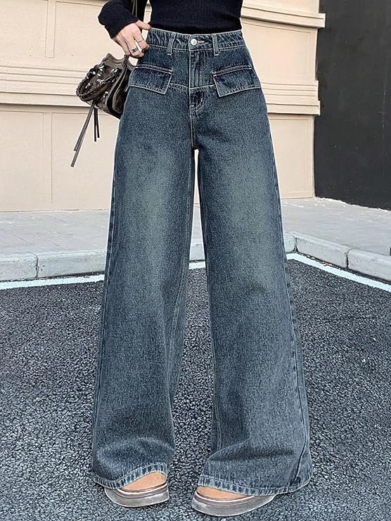 Aahwan Women's Flared Fit High Rise Solid Wide-Leg with Flap Detailing Korean Jeans - Image 3