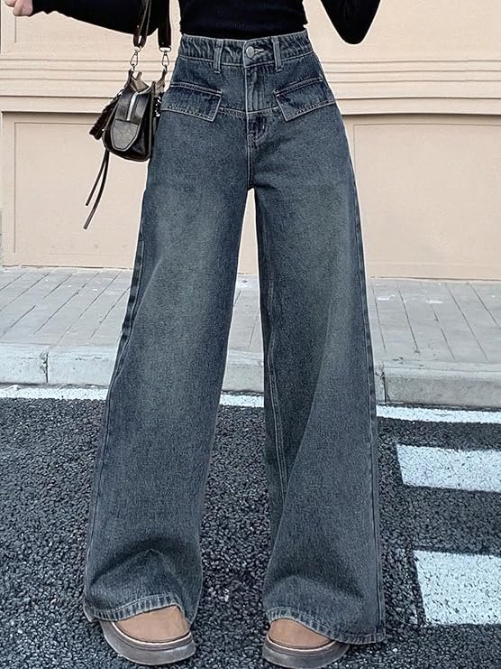 Aahwan Women's Flared Fit High Rise Solid Wide-Leg with Flap Detailing Korean Jeans - Image 4