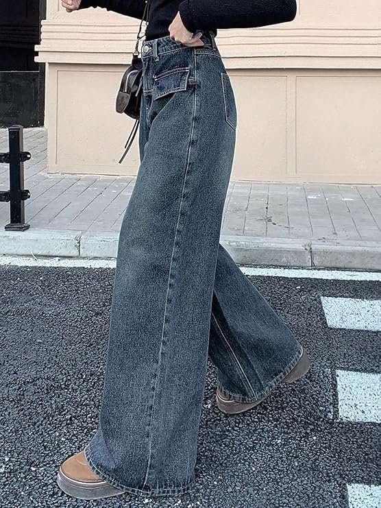 Aahwan Women's Flared Fit High Rise Solid Wide-Leg with Flap Detailing Korean Jeans - Image 5