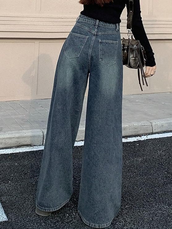 Aahwan Women's Flared Fit High Rise Solid Wide-Leg with Flap Detailing Korean Jeans - Image 6